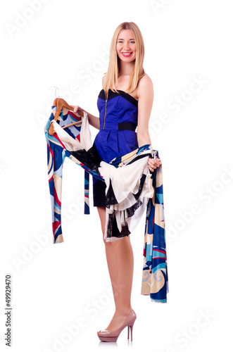 Photo: Woman trying new clothing on white Woman trying new clothing on white