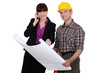 Colleagues looking at design plans