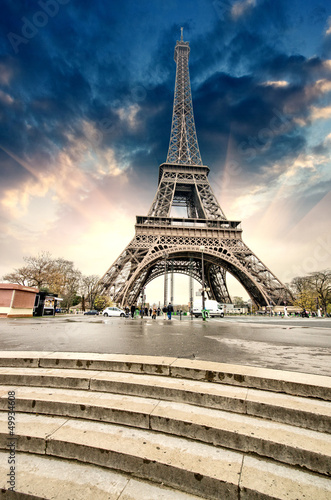 Photo: Paris. Gorgeous wideangle view of Eiffel Tower with Stairs to Se Paris. Gorgeous wideangle view of Eiffel Tower with Stairs to Se