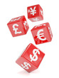 Red dice with currency symbols tumbling