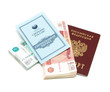 passport, money and savings book on a white background