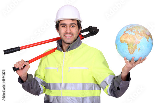 Photo: Workman holding globe Workman holding globe