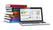 Laptop and stack of color books