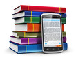 Smartphone with text and stack of color books