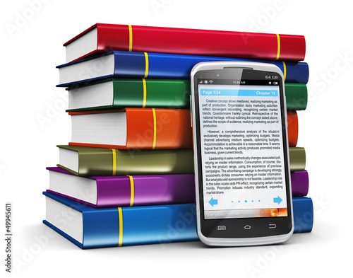 Illustration: Smartphone with text and stack of color books Smartphone with text and stack of color books