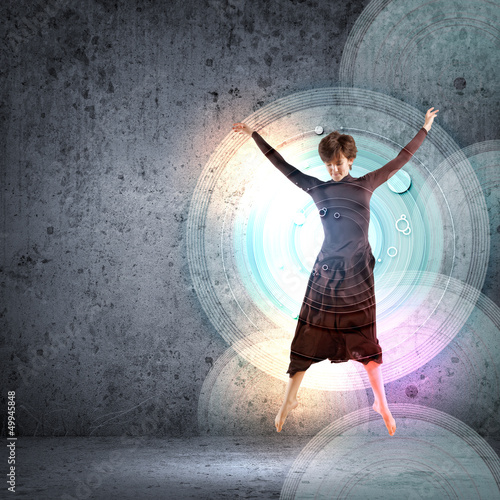Photo: Girl in color dress dancing.Collage Girl in color dress dancing.Collage
