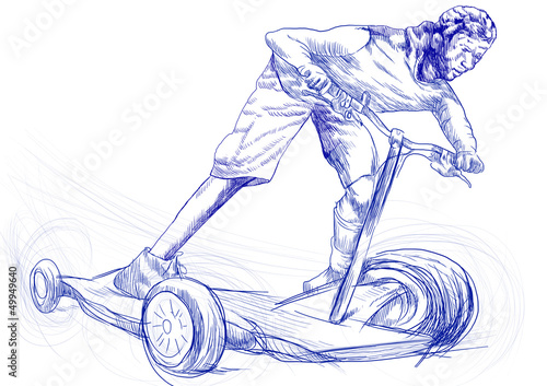 Illustration: young boy on a fantastic machine - special scooter or skateboard young boy on a fantastic machine - special scooter or skateboard