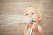 Blond baby in the bathroom Blond baby in the bathroom