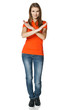 Smiling young woman in full length making stop gesture