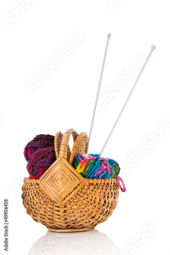 Photo: modern wool in basket with needles modern wool in basket with needles