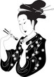 Japanese lady enjoying sushi black and white