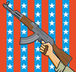 Assault rifle in front of American stars and stripes.