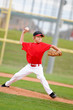Pitcher in red throwing the pitch.