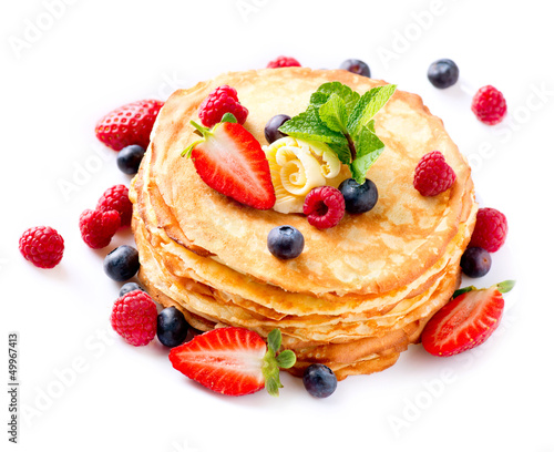 Photo: Pancake with Berries. Pancakes Stack over White Pancake with Berries. Pancakes Stack over White
