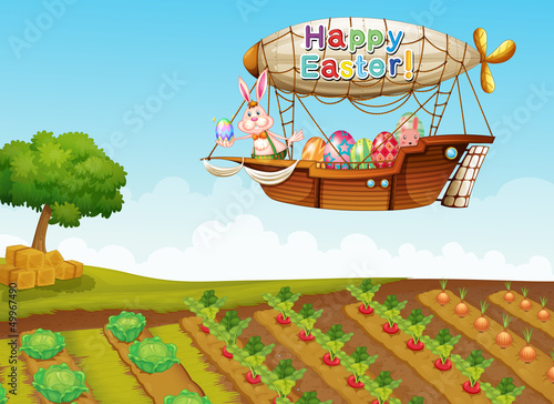 Vector: A happy easter greeting with a bunny in an aircraft above the fa A happy easter greeting with a bunny in an aircraft above the fa