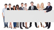 Group of business people presenting empty banner
