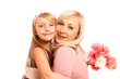 Daughter and mother with flowers on a white background hugging