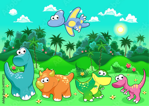 Vector: Funny dinosaurs in the forest. Funny dinosaurs in the forest.