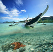 Philippine original boat on a background of green islands and st