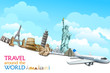 vector illustration of historical monument with airplane