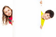 Two kids with blank ad board