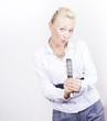 Hair stylist singing into hair comb on copyspace