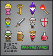 8 Bit Pixel Icons Fantasy Pack RPG Videogame Vector