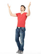 man with  in casuals with raised hands up isolated