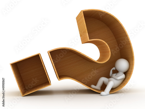 Illustration: 3d man sitting in wooden question mark over white background 3d man sitting in wooden question mark over white background
