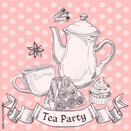Vector: Vintage sweets and tea - tea party banner Vintage sweets and tea - tea party banner