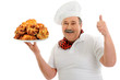 funny happy baker holding plate with rolls