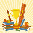 vector illustration of gold trophy with book and stationery