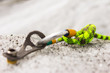 Foto: Carbine and hook with rope in ice Carbine and hook with rope in ice