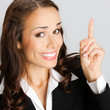 Businesswoman showing, over gray