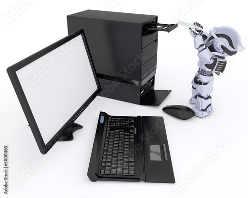 Illustration: Robot with computer Robot with computer
