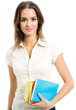 Young smiling woman with textbooks, isolated