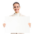 Businesswoman showing blank signboard, on white