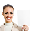 Businesswoman showing blank signboard, on white