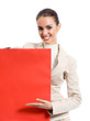 Businesswoman standing with red signboard