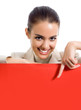 Businesswoman with red signboard, on white
