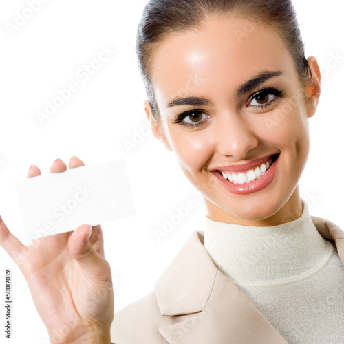 Photo: Businesswoman showing blank business card Businesswoman showing blank business card