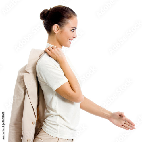 Photo: Business woman giving hand for handshake, isolated Business woman giving hand for handshake, isolated