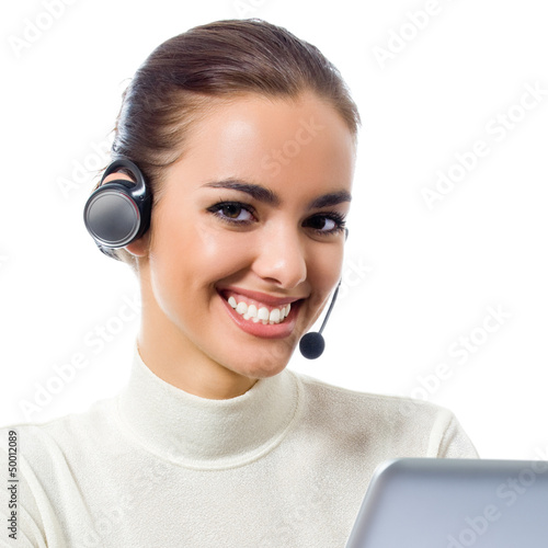 Photo: Customer support phone operator with laptop, isolated Customer support phone operator with laptop, isolated