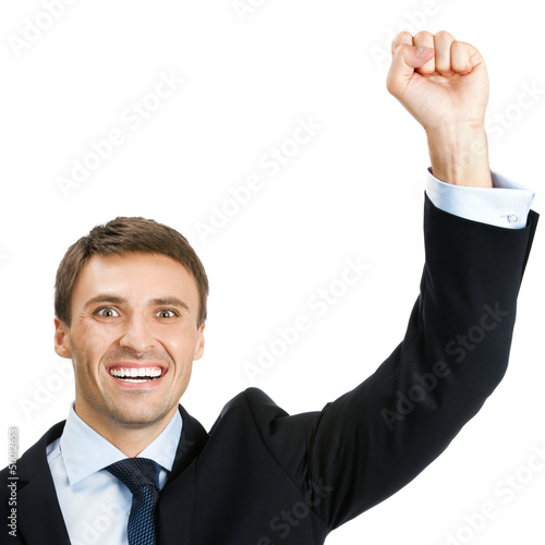 Photo: Happy successful gesturing businessman, on white Happy successful gesturing businessman, on white