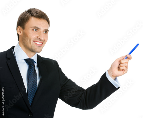 Photo: Business man showing, isolated Business man showing, isolated