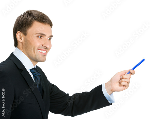 Photo: Business man showing, isolated Business man showing, isolated