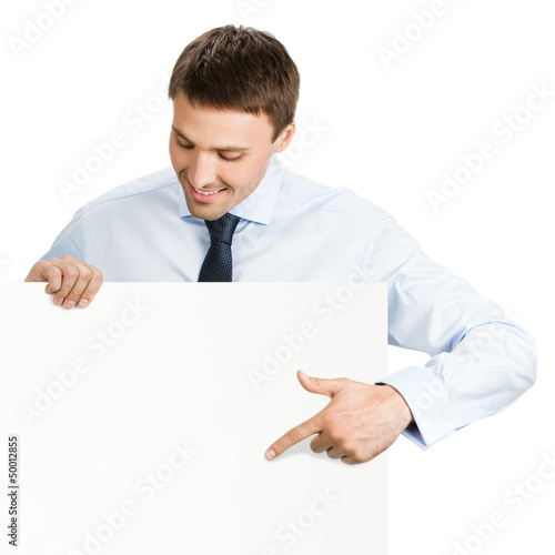 Photo: Businessman showing signboard, on white Businessman showing signboard, on white