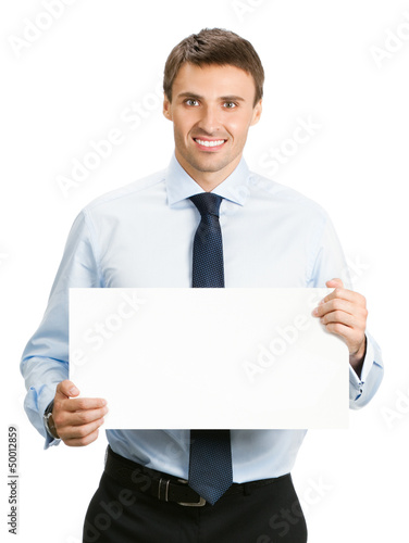Photo: Businessman showing signboard, on white Businessman showing signboard, on white