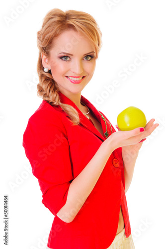 Photo: woman holding apple woman holding apple