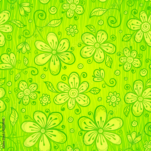 Vector: Green doodle flowers vector seamless pattern Green doodle flowers vector seamless pattern